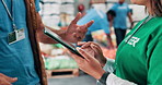 People, hands or volunteer with tablet in warehouse for charity, helping or community service app. Nonprofit, notification or NGO with support or technology for online donation, food or inventory