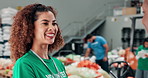 Shaking hands, volunteer and people at food drive for community with thank you for donation. Happy, discussion and NGO worker with activist for handshake with charity workshop for non profit service.