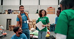 Volunteer, group and people in warehouse for food bank, stock donation or inventory discussion. Charity, help or community service at storehouse with happy team manager, thumbs up or thank you at ngo