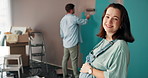 Painting, face and pregnant woman with couple in baby room for  interior design, color choice or wall decor. Home improvement, pregnancy and support with man in apartment for nursery and renovation