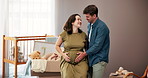Pregnant, stomach and love with couple in home for talking, maternity or prenatal care with family. Pregnancy, happy woman and man touch abdomen for support or development in baby nursery together