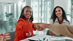 Business people, investor or women shaking hands in meeting for funding, teamwork or partnership. Collaboration, finance agreement or handshake with manager for networking or b2b negotiation deal