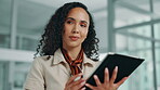 Business woman, thinking and drawing with tablet for content creation, agenda or tasks at office. Female person, creative designer and browsing with technology and pen for online schedule or app