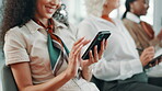 Meeting, hands and businesswoman with smartphone for text, laughing and contact for distraction. Office, workshop and female intern with mobile app in creative agency, meme or comment on social media