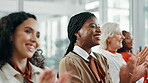 Audience, applause and women in conference, success and celebration for accomplishment, group and meeting. Seminar, clapping and people with manager in office, achievement and happiness in workshop