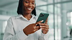 Office, smile and black woman with smartphone for text, communication and contact for networking. Happy, business person and consultant with mobile app for website, chat and comment on social media