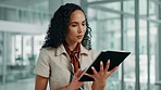 Tablet, business and woman online in office for editing fashion magazine, catalog or scroll app. Technology, chat or worker reading email, check review or research design trends in creative startup