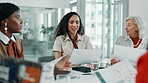 Business, teamwork or women with documents in meeting for finance report or company performance stats. Financial analyst, people or paperwork for data analysis, profit feedback or investment planning
