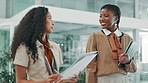 People, walk and document on tablet in office with feedback, financial report and project research. Women, talk and digital with paperwork for planning budget, investment proposal and schedule update