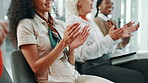 Celebration, applause and women in conference, success and happiness for accomplishment, group and meeting. Seminar, clapping and people with manager in office, achievement and audience in workshop