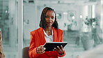 Interview, tablet and recruitment with business woman in office for meeting, job opportunity and discussion. Human resources, evaluation and candidate selection with people in agency for application