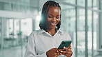 Business, smile and black woman with phone typing for text message, email response and digital portfolio update. Financial advisor, professional and smartphone for online advice or checking schedule
