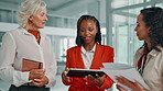 Business, women and talk on tablet in office for feedback, financial report and project research. People, advice and digital with paperwork of planning budget, investment proposal and schedule update