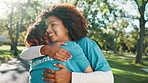 Volunteer, friends and women hug for care, greeting and donation of kindness at park. Smile, charity and people embrace together for support, community service or thank you with sustainable ngo team