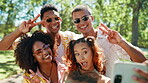 Selfie, group and friends with peace sign, park and photography for reunion in nature, joy and bonding. Outdoor, happy and profile picture for influencer, social media and people with shades on break