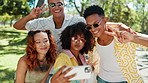 Selfie, group and friends with peace sign, smile and photography for reunion in nature, park and bonding. Outdoor, hangout and profile picture for influencer, social media and people with shades