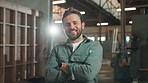 Face, man and carpenter with arms crossed for workshop, wood manufacturing and production business. Warehouse, male contractor and portrait with pride for professional service, maintenance and smile