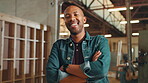 Face, black man and carpenter with arms crossed for workshop, wood manufacturing and production. Warehouse, male contractor and portrait with confidence for business service, maintenance and laughing