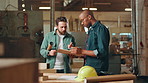 Men, carpenter and clipboard with talk, industry or review with planning, design and project management. People, checklist and question with feedback, creativity or discussion with wood in workshop