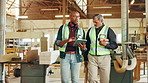 Teamwork, carpentry or people on tablet in woodwork warehouse for manufacturing or furniture production. Mature supervisor, carpenter and workshop update for timber, lumber or construction business