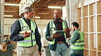 Teamwork, carpenter or people with tablet in warehouse for manufacturing, engineering or furniture production. Mentor, carpentry apprentice or blueprint for timber, lumber and construction business