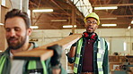 Men, carpenter and talking with wood in workshop for teamwork , manufacturing and furniture process. People, timber labor and woodwork for production warehouse, crafting project and skill development