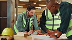 Workshop, business people and talking with blueprint for architecture, drawing and collaboration. Team, men and architects with sketch for floor plan, project discussion and construction renovation