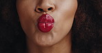 Kiss, makeup and red lipstick with closeup of woman for glow, self care and cosmetics. Shine, beauty salon and glamour with pout lips of person for aesthetic, mouth and cosmetology treatment