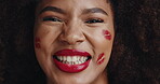 Kiss, beauty and red lipstick with face of woman for glow, self care and cosmetic lip marks. Shine, makeup salon and glamour with African person for aesthetic, mouth and cosmetology treatment