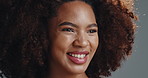 Black woman, happy and beauty with afro in studio, cosmetics and excited with results by background. African girl, model and smile with natural hair care, growth and change with transformation