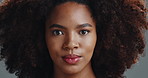 Black woman, face and cosmetics with afro in studio, beauty and pride for results by background. African girl, model and portrait with natural hair care, growth and change with texture in Nigeria
