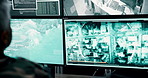 Army, check and computer screen for security video, military air control and monitor war. Person, cctv footage and global surveillance for safety, government protection and satellite to report danger