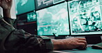 Person, hands and typing on computer screen with surveillance, military safety and battle map. Soldier, feedback and global cctv with satellite report, government protection and confidential footage
