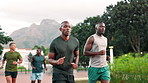 Men, friends and running exercise at park for interval training, speed challenge or marathon performance. Fitness energy, people and runner club with cardio pace, endurance workout and outdoor race