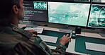 Man, soldier and typing with computer screen in control room, military battle and monitoring war. Army, feedback or global surveillance of satellite warning, government protection and secret services