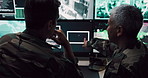Computer screen, surveillance and teamwork with people in CCTV control room for satellite monitoring, Live feed, search and security with soldiers at army hq for military support or mission update
