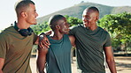 Friends, runners or men laughing in park for fitness training, outdoor workout and sports exercise. Smile, healthy people or happy male athletes with hug, joke or support for running, jog or race