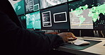 CCTV, computer screen and typing with person in CCTV control room for satellite monitoring, Search, security and surveillance with soldier at headquarters for military support or mission update