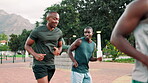 Black people, friends and running for cardio, fitness and wellness in park for urban marathon club. Group, goals and target for health, workout and exercise or endurance training for personal trainer