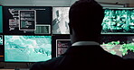 Computer screen, surveillance and video with person in CCTV control room for satellite monitoring, Live feed, search and security with man at headquarters for military support or mission update