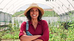 Crossed arms, woman and face of farmer in greenhouse with pride for agriculture, sustainable or business. Nature, confident and portrait of happy female person with produce production in countryside.