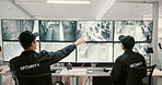 People, back or security guard with screen for surveillance alert or building safety in control room. Team, CCTV operator or mall cop pointing with display for area coverage,footage or observation