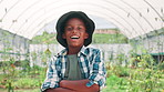 Face, farming and arms crossed with black child in greenhouse for growth, agriculture and vegetable harvest. Plants, sustainability and environment with boy in countryside for ecology and nature
