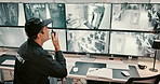 Man, security guard or radio with screen for surveillance alert, robbery or threat signal in building. Male person, CCTV operator or mall cop with speaker for warning of thief or criminal activity