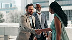 Architecture, bridge and handshake with business people outdoor in city for meeting or planning. Building, introduction and partnership with developer team shaking hands in urban town for negotiation