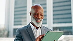 City, mature businessman or developer with tablet for market research, information or online for review. Laugh, black person or real estate agent with tech for application, property listing or scroll
