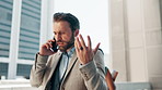 Phone call, walking and business man in city in hurry for appointment, meeting and schedule. Professional, corporate and person on smartphone for contact, online discussion and communication in town