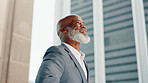 Vision, black man and mature ceo in city with thinking, idea and outdoor in urban town. Smile, dream and business professional with future, manager and planning strategy or consultant decision making