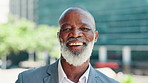 Face, corporate and business with black man outdoor, city development coordinator and mature planner. Portrait, smile and confident professional, manager and urban policy advisor laughing in Kenya