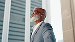 Thinking, black man and mature ceo in city with vision, idea and outdoor in urban town. Smile, dream and business professional with future, manager and planning strategy or consultant decision making